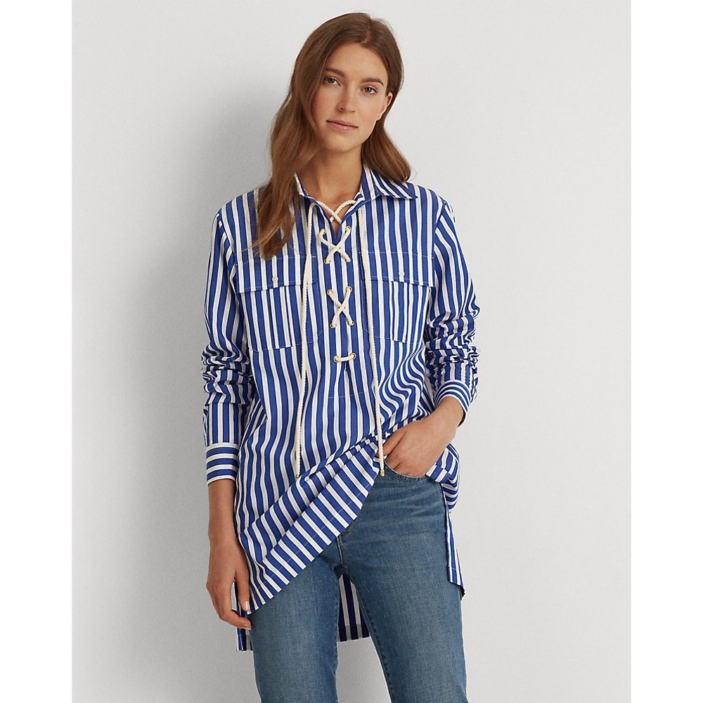 Lauren Ralph Lauren Tunic Women‎ S Blue White Striped Lace Up Nautical Coastal
